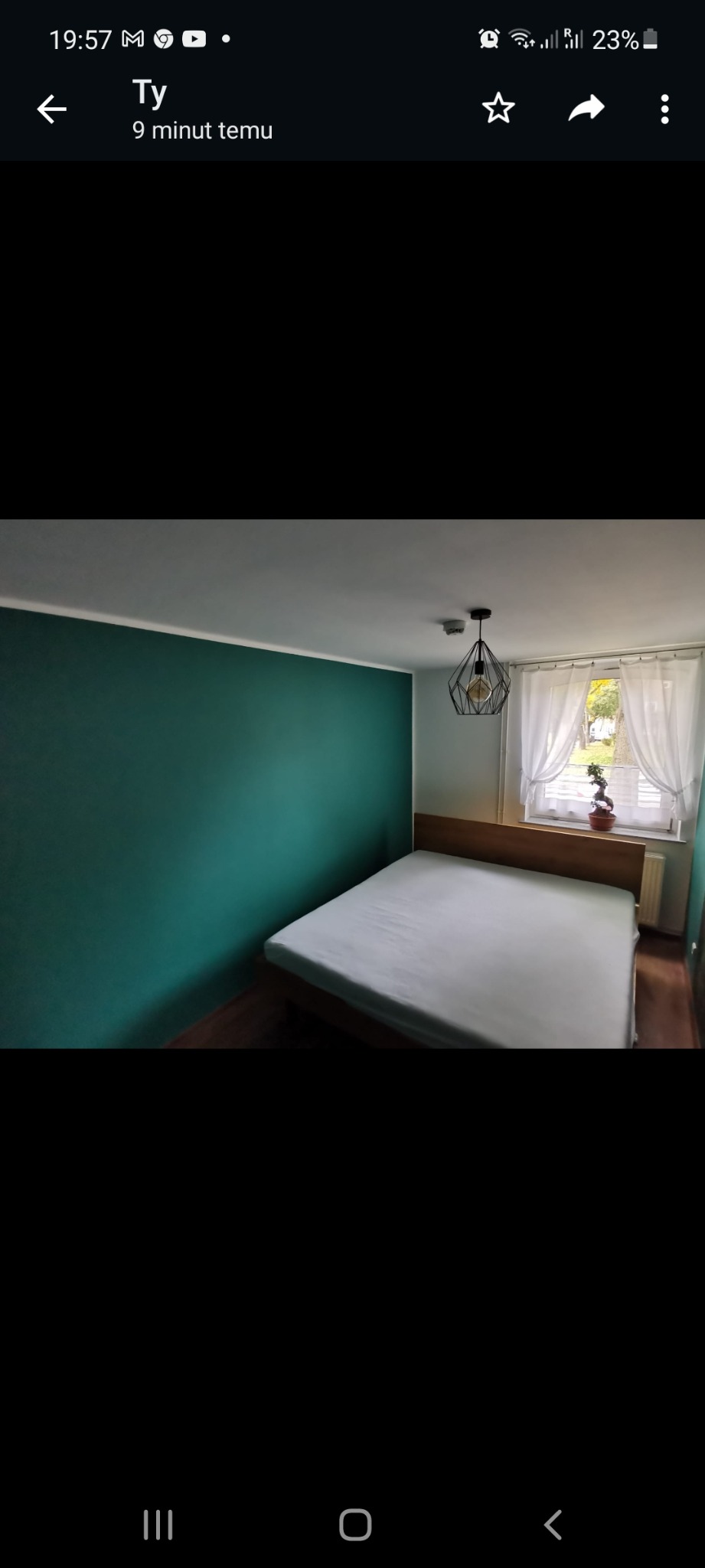 Pomieszczenie z łóżkiem, ściana pomalowana na zielono, biały sufit z ozdobną lampą, okno z białymi zasłonami i bonsai na parapecie.