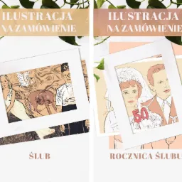 Kolekcja ilustracji cyfrowych na zamówienie, przedstawiających portret kobiety z psem, scenę ślubną, portret rocznicowy oraz portret pary.