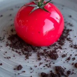 Błyszczący, czerwony deser w kształcie pomidora z zieloną szypułką, otoczony okruchami czekoladowymi na szarym talerzu.