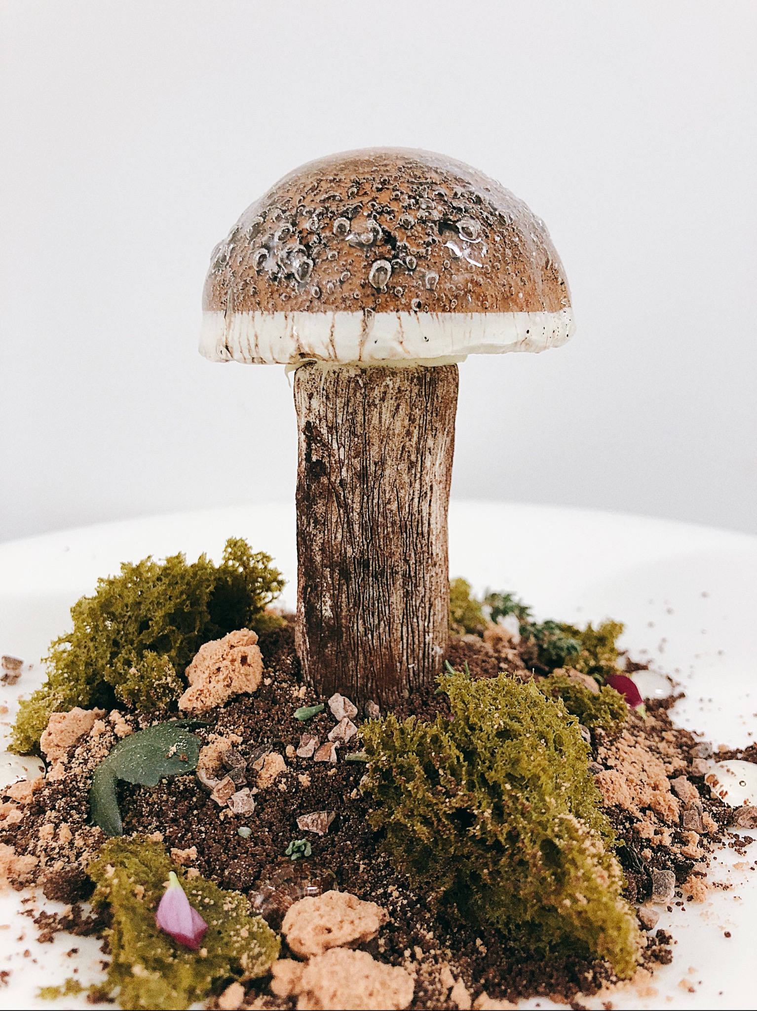 Dekoracyjny tort w kształcie grzyba na podłożu z mchu, ziemi i kamieni, imitujący naturalne środowisko.