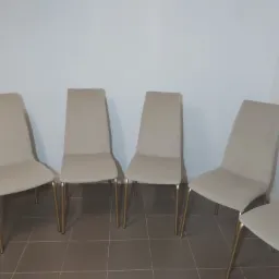 Rząd pięciu krzeseł z beżową tapicerką i złotymi nogami ustawionych na szarej podłodze w pomieszczeniu o białych ścianach.