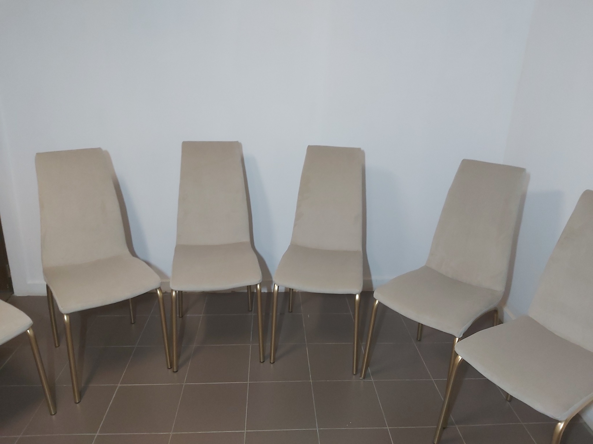 Rząd pięciu krzeseł z beżową tapicerką i złotymi nogami ustawionych na szarej podłodze w pomieszczeniu o białych ścianach.