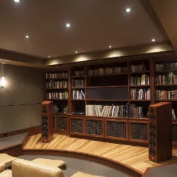 Domowe kino z drewnianymi głośnikami podłogowymi, biblioteczką i skórzanymi fotelami, widok na pomieszczenie z serwerem audio-wideo w tle.
