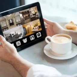 Mężczyzna trzyma tablet, na ekranie podgląd z kamer monitoringu: wejście do domu, kuchnia, sypialnia i salon. Obok filiżanka kawy i ciastko.