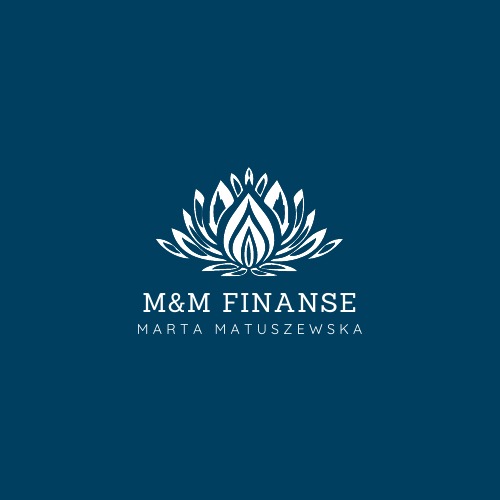 Logo firmy M&M Finanse Marta Matuszewska z motywem kwiatu lotosu w kolorze białym na ciemnoniebieskim tle.