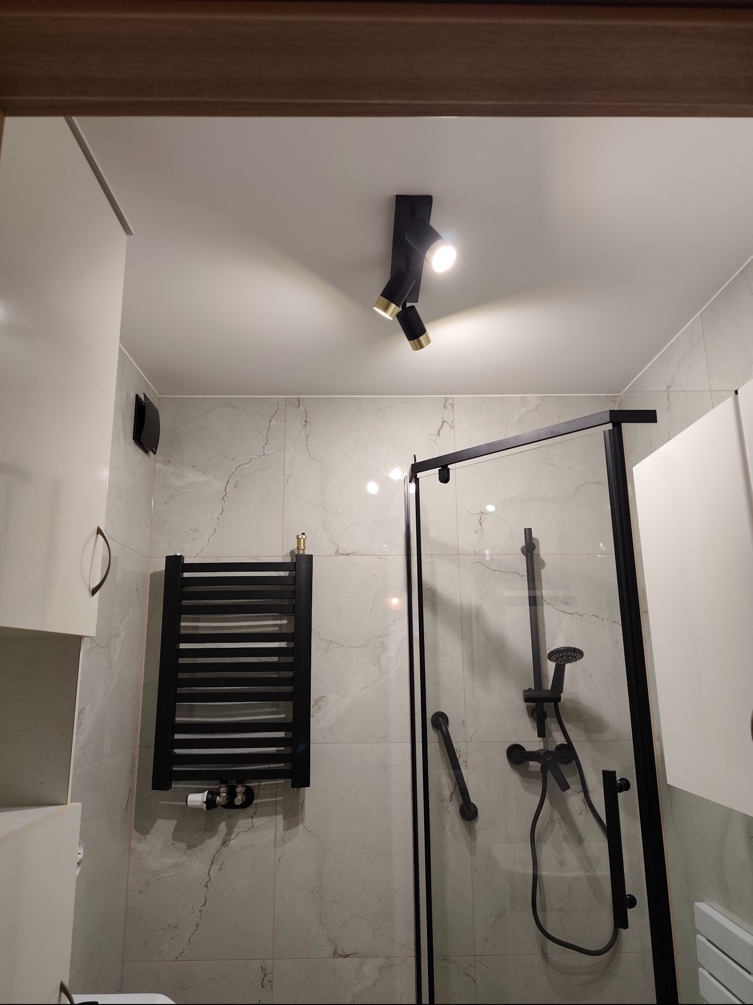 Nowoczesna łazienka z kabiną prysznicową typu walk-in, czarną armaturą i grzejnikiem drabinkowym. Marmurowe płytki na ścianach, punktowe oświetlenie sufitowe.