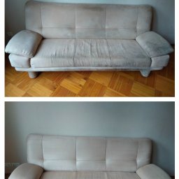Klinika Czystości Daniel Urbaniak - Beżowa sofa z widocznymi plamami i zabrudzeniami, prezentowana przed i po czyszczeniu, z wyraźną różnicą w wyglądzie tapicerki.