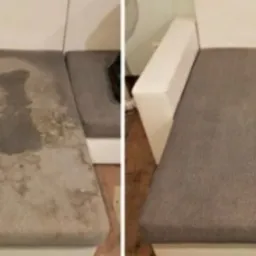 Porównanie stanu siedziska sofy przed i po czyszczeniu: po lewej widoczne wyraźne, ciemne plamy i zabrudzenia, po prawej czyste, szare obicie bez śladów zanieczyszczeń.