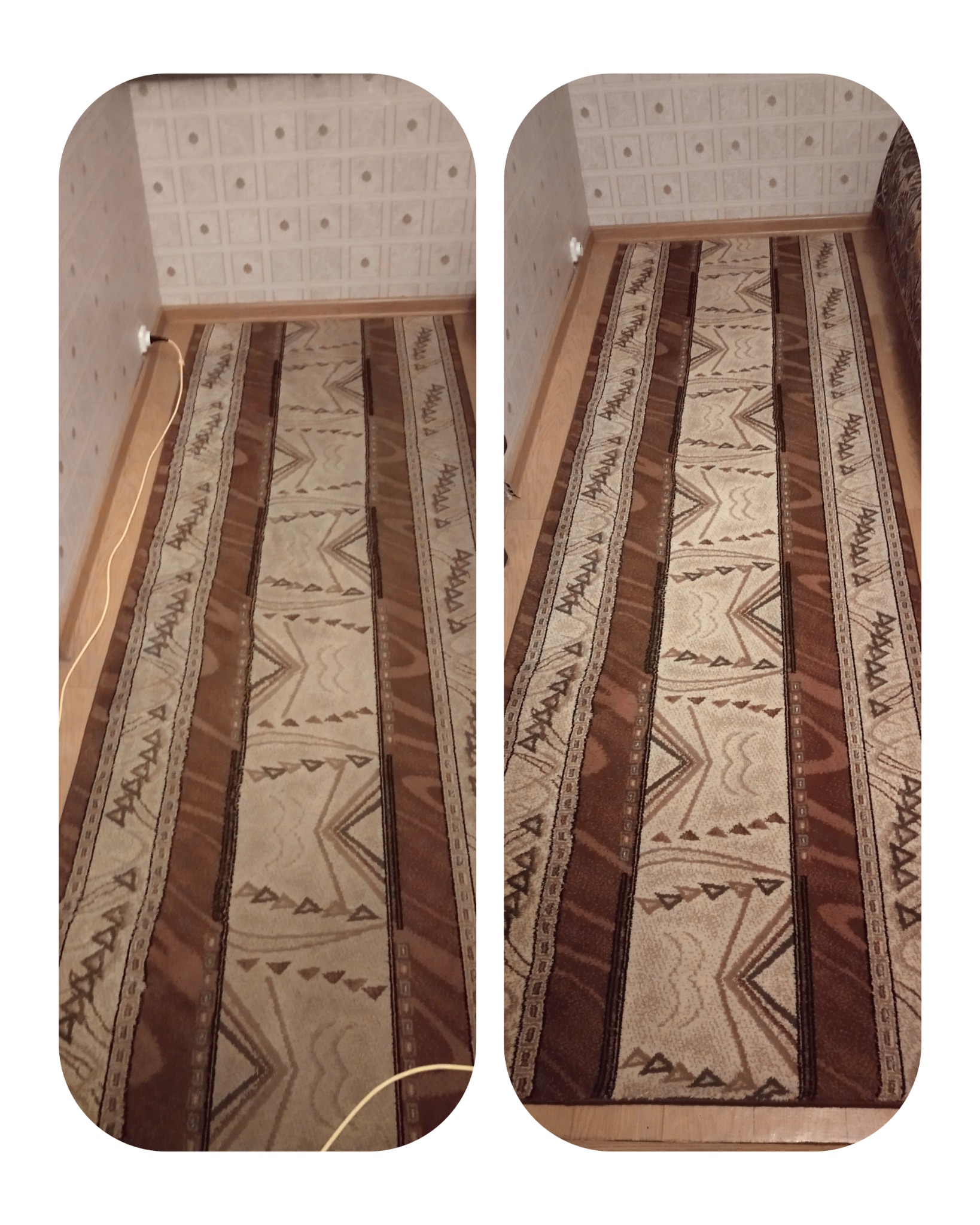 Porównanie dywanu z geometrycznym wzorem przed i po czyszczeniu, widoczne różnice w odcieniach brązu i beżu, z uwzględnieniem faktury materiału i oświetlenia wnętrza.