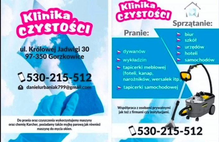 Ulotka reklamowa Kliniki Czystości z Gorzkowic, oferującej pranie dywanów, wykładzin, tapicerki meblowej i samochodowej oraz sprzątanie biur, szkół, urzędów, hoteli i samochodów. Na ulotce widoczny...