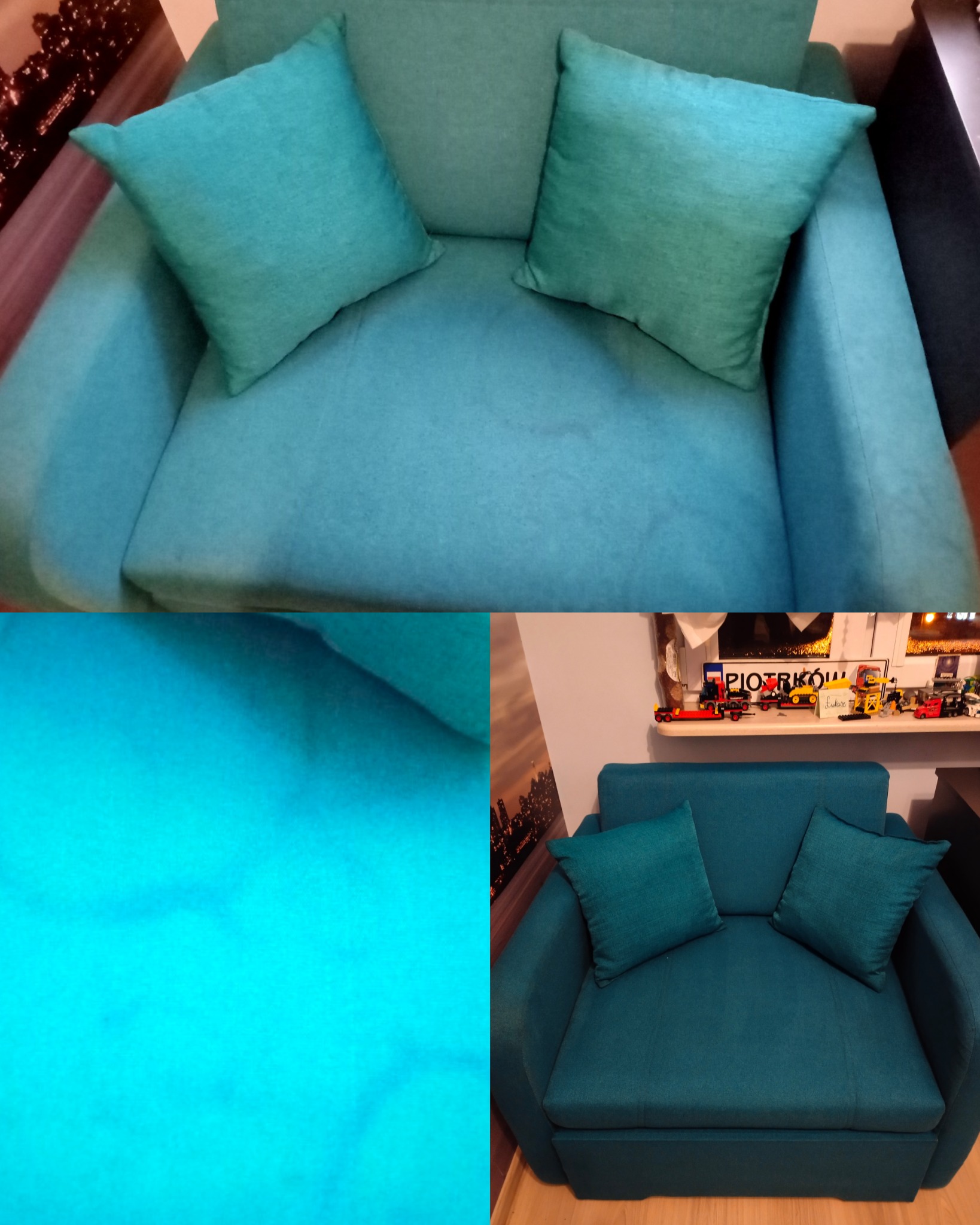 Turkusowa sofa z dwoma poduszkami, widok z góry oraz zbliżenie na materiał, dodatkowo w tle półka z zabawkami.