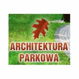Grafika z liściem dębu na tle trawnika i ścieżki, z napisem 'ARCHITEKTURA PARKOWA' w kolorze pomarańczowym.
