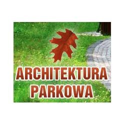 Grafika z liściem dębu na tle trawnika i ścieżki, z napisem 'ARCHITEKTURA PARKOWA' w kolorze pomarańczowym.