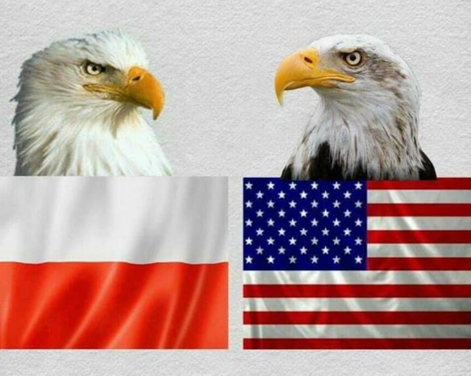 Grafika przedstawiająca głowy orłów bielików nad flagami Polski i Stanów Zjednoczonych, symbolizująca relacje polsko-amerykańskie.