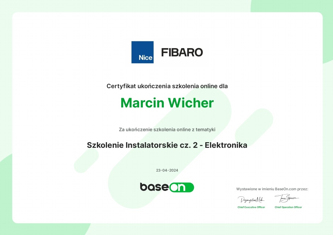 Skan certyfikatu ukończenia szkolenia online dla Marcina Wichera z zakresu Szkolenia Instalatorskiego cz. 2 - Elektronika, sygnowany logotypami Nice, Fibaro i BaseOn.