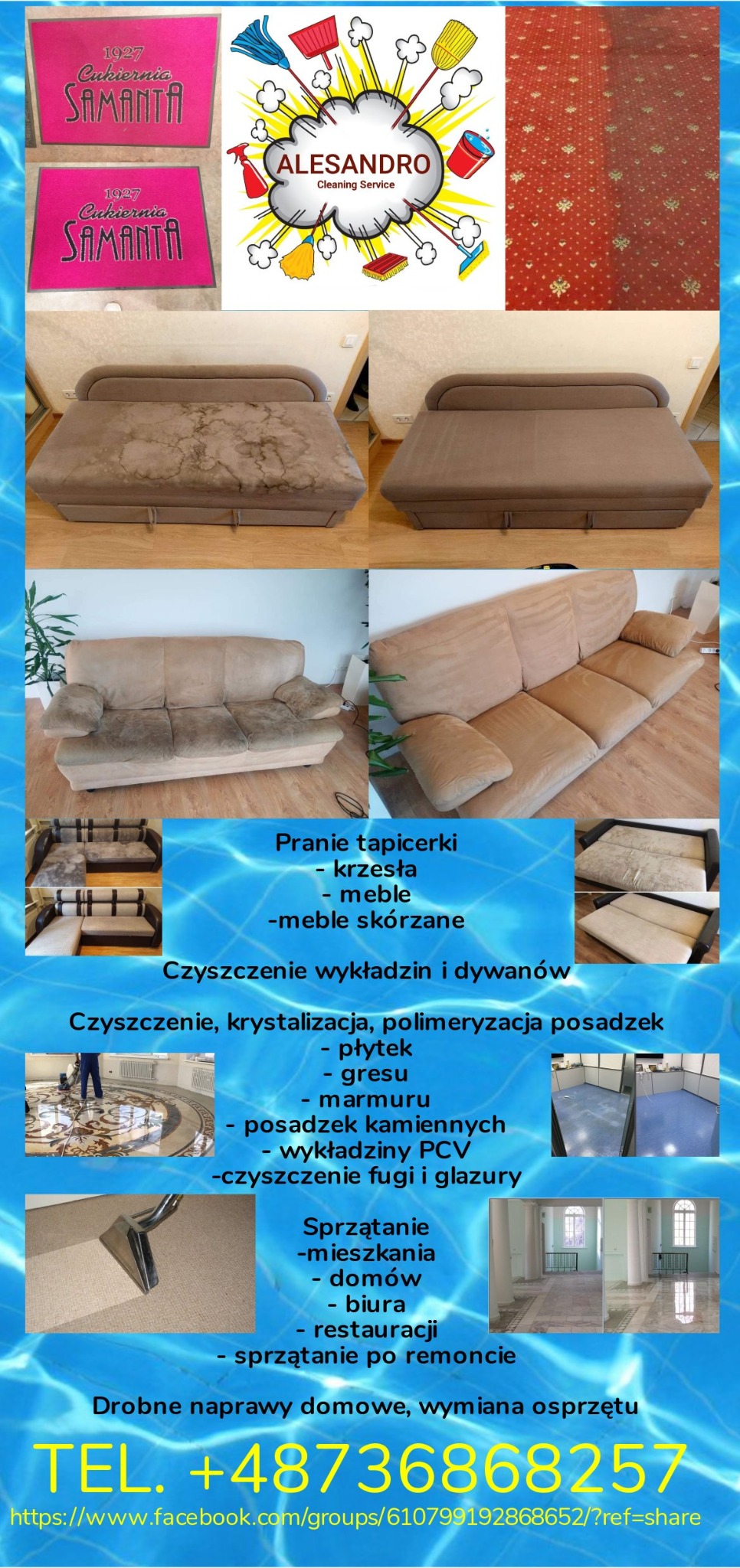 Kolaż zdjęć prezentujący różne usługi czyszczenia: logotyp firmy sprzątającej z różnymi narzędziami, dywan przed i po czyszczeniu, kanapa z wyraźnymi plamami przed czyszczeniem i czysta kanapa po...