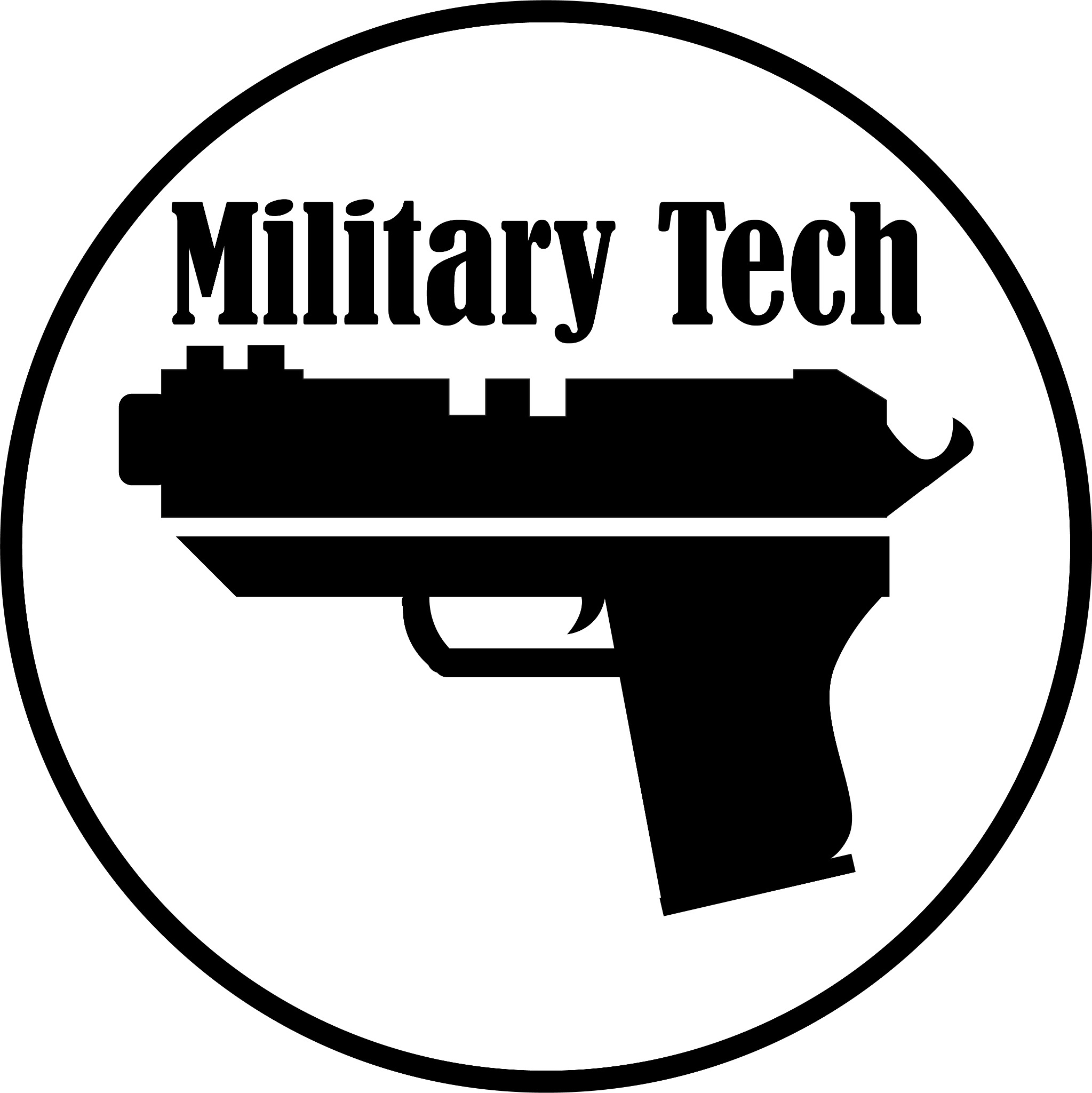 Czarno-białe logo z sylwetką pistoletu i napisem 'Military Tech' wewnątrz okręgu.