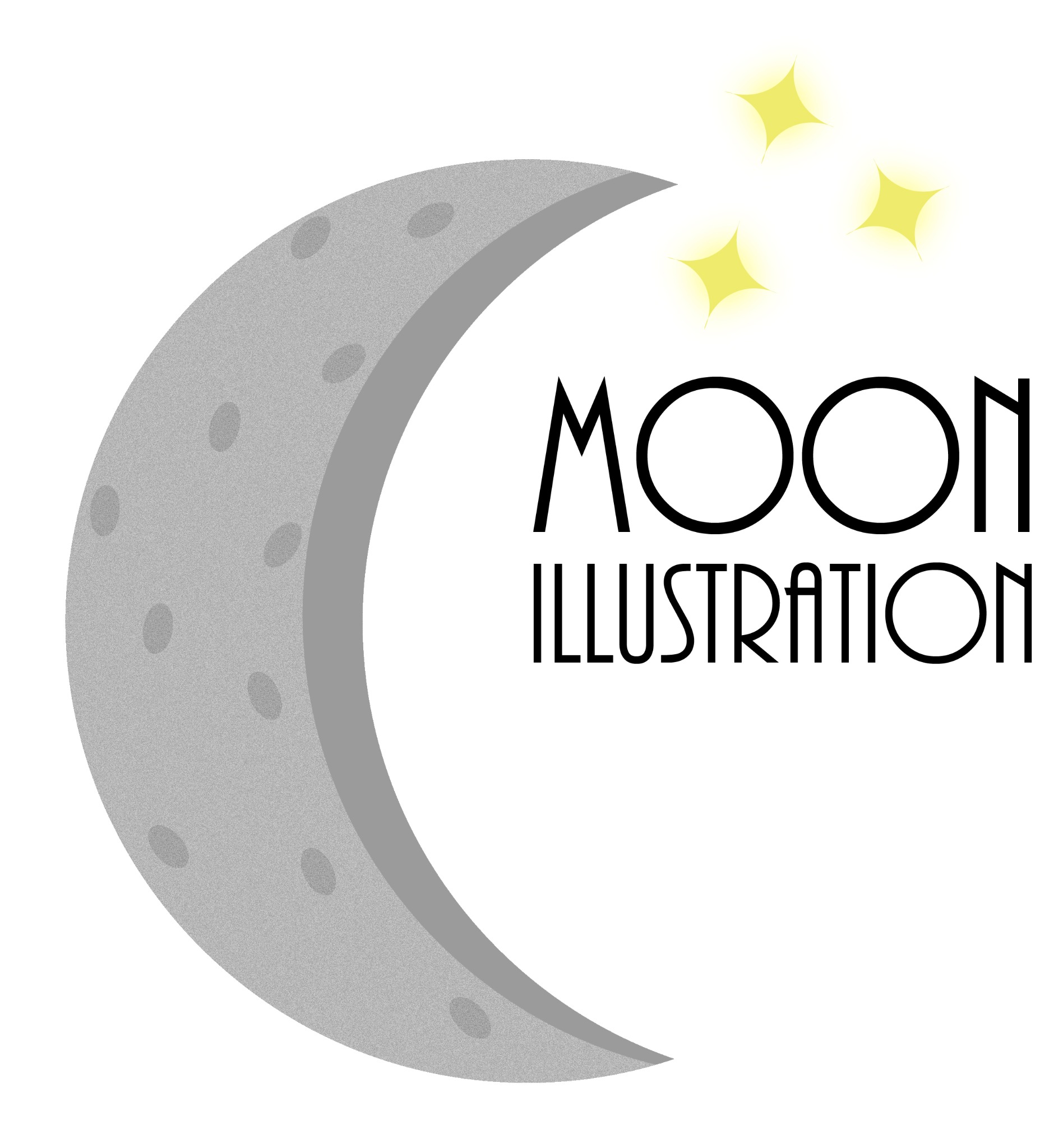 Grafika przedstawiająca księżyc w kształcie rogalika z kraterami, trzy gwiazdki i napis 'MOON ILLUSTRATION' w stylu retro.