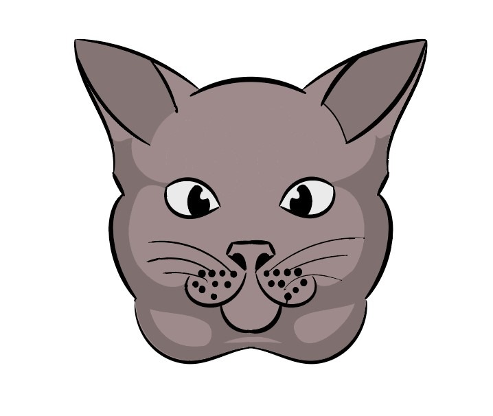 Ilustracja przedstawiająca uproszczoną, szarą głowę kota z dużymi oczami i charakterystycznymi wąsami oraz nosem w kształcie serca, na białym tle.