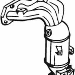 Czarno-biały schematyczny rysunek kolektora wydechowego z katalizatorem samochodowym, widoczne szczegóły mocowania i konstrukcji.