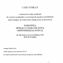 SERTYFIKAT Uprawniajacy do swiadczenia uslugi pracy tymczasowej