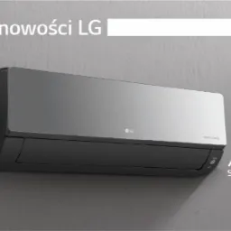 Szara klimatyzacja LG Artcool Smart Inverter na szarej ścianie, z logo LG i napisem 'Poznaj nowości LG'.