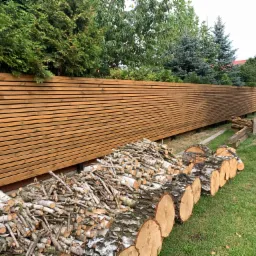 Nowoczesne, poziome ogrodzenie z desek w kolorze jasnego drewna, za nim widoczne drzewa, a przed nim ułożone drewno opałowe z brzozy.