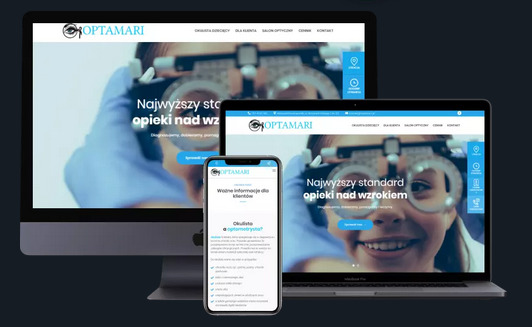 Responsywna strona internetowa firmy optycznej OPTAMARI wyświetlana na monitorze, laptopie i telefonie, z motywem przewodnim opieki nad wzrokiem.