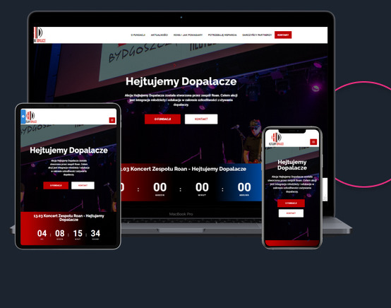 Responsywna strona internetowa na laptopie, tablecie i smartfonie, wyświetlająca odliczanie do koncertu zespołu Roan, na ciemnym tle.