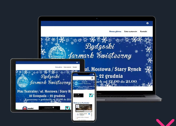 Responsywna strona internetowa wyświetlana na laptopie, tablecie i smartfonie, prezentująca świąteczny motyw Bydgoskiego Jarmarku Świątecznego z informacjami o lokalizacji i terminie wydarzenia.