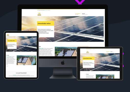Responsywna strona internetowa firmy fotowoltaicznej wyświetlana na monitorze i dwóch tabletach, prezentująca panele słoneczne i informacje o firmie.