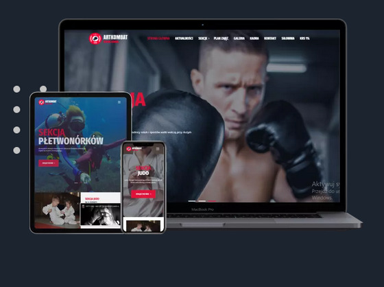 Responsywna strona internetowa firmy ArtKombat wyświetlana na laptopie, tablecie i smartfonie. Na ekranie laptopa widoczny bokser w ringu.