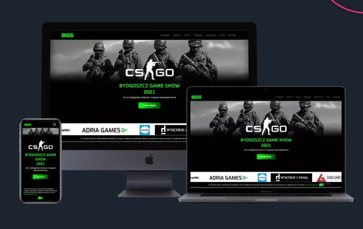Responsywny projekt strony internetowej Bydgoszcz Game Show 2021, widoczny na monitorze, laptopie i smartfonie z logo BGS i elementami graficznymi CS:GO oraz logo partnerów.