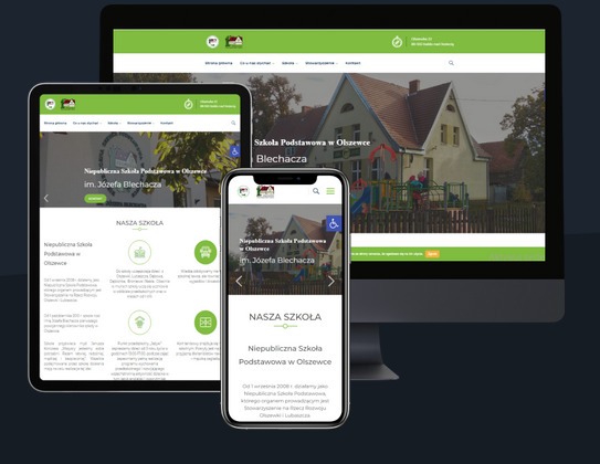 Responsywna strona internetowa szkoły podstawowej wyświetlana na ekranie monitora, tabletu i smartfona, z zieloną kolorystyką i zdjęciem budynku szkoły w tle.