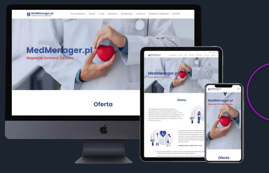 Responsywna strona internetowa MedManager.pl wyświetlana na monitorze, tablecie i smartfonie, prezentująca ofertę wsparcia ochrony zdrowia z motywem serca trzymanego w dłoniach lekarza.