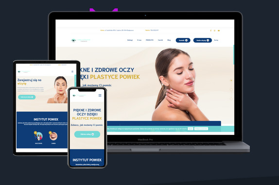 Responsywna strona internetowa 'Instytut Powiek' wyświetlana na laptopie MacBook Pro, tablecie i smartfonie z widocznym nagłówkiem i zdjęciem modelki.