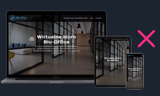 Responsywna strona internetowa firmy Blu-Office, wyświetlana na ekranie laptopa, tabletu i smartfona, prezentująca wnętrze nowoczesnego biura z przeszklonymi ścianami i minimalistycznym wyposażeniem.