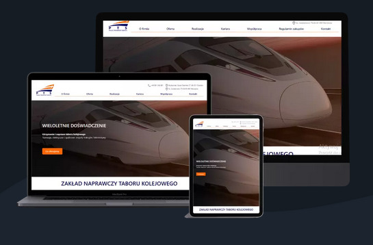 Responsywna strona internetowa firmy PTS wyświetlana na monitorze, laptopie i tablecie, prezentująca nowoczesny pociąg w tle.