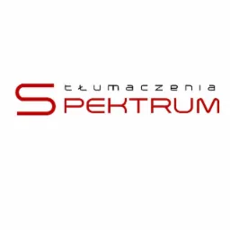 Logo firmy Spektrum Tłumaczenia z Warszawy w kolorze czerwonym na białym tle.