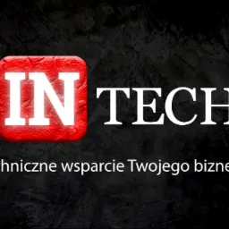 Logo firmy IN TECH z hasłem 'Techniczne wsparcie Twojego biznesu!' na ciemnym, teksturowanym tle.