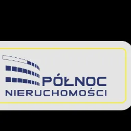 Logo firmy Północ Nieruchomości z graficznym symbolem budynku w kolorze granatowym i obwódką w kolorze żółtym.