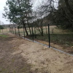 Nowo postawione ogrodzenie panelowe z podmurówką betonową na piaszczystym podłożu, widok na zewnątrz działki z drzewami w tle.