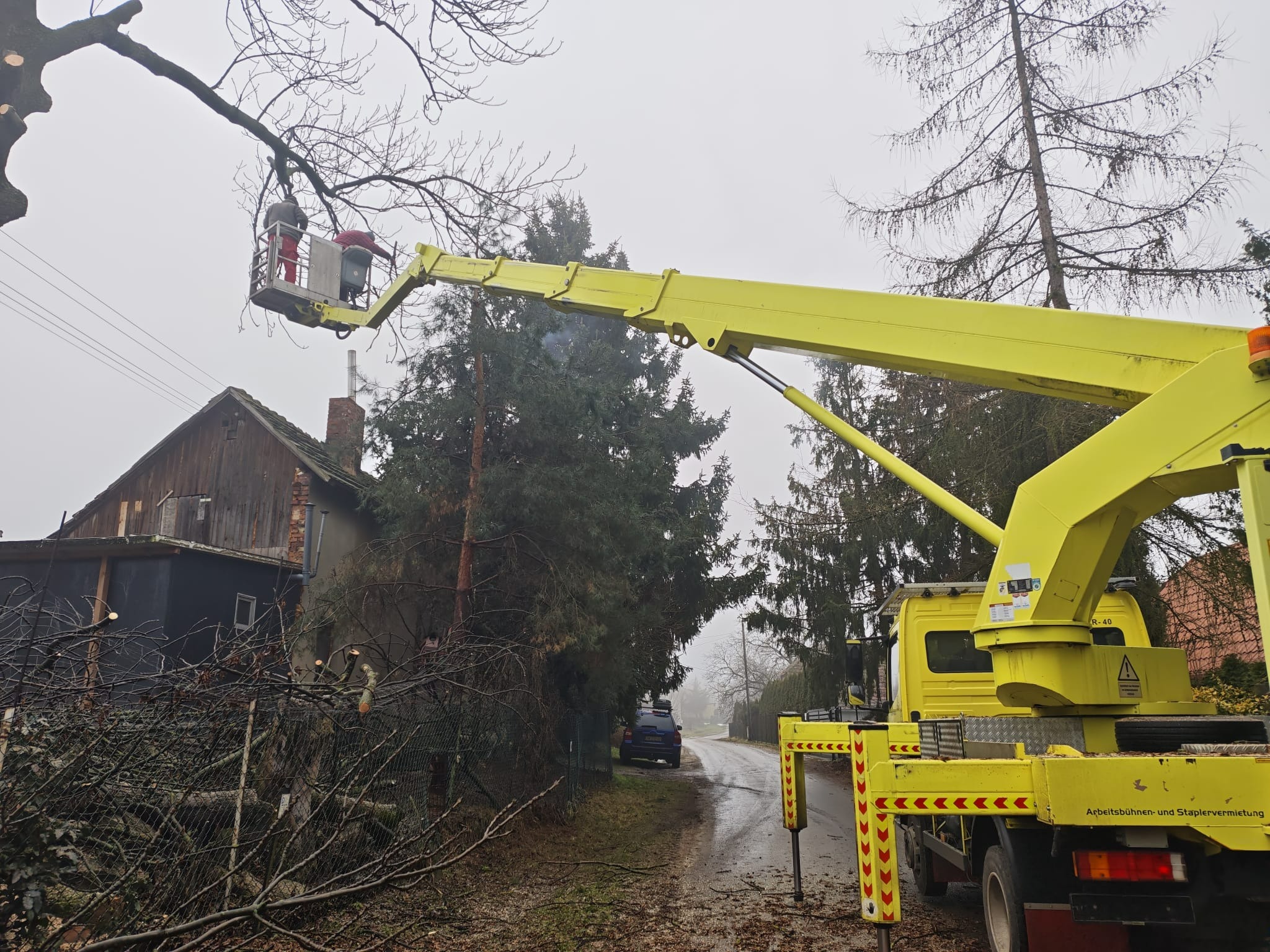 Żółty podnośnik koszowy z dwoma pracownikami w koszu tnącymi gałęzie drzewa przy domu. Na ziemi leżą ścięte gałęzie. Pochmurny dzień.