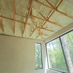 Poddasze po ociepleniu pianką PUR, widoczne drewniane krokwie i warstwa izolacji. Okna z widokiem na zieleń. Detal z bliska,  jasne oświetlenie.