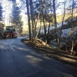 Walec drogowy ubija świeżo wylany asfalt na zakręcie leśnej drogi, otoczonej drzewami i śniegiem.