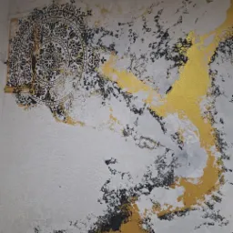 Dekoracyjna ściana z ornamentem mandali w kolorze czarnym i akcentami złota na teksturowanym, jasnym tle.