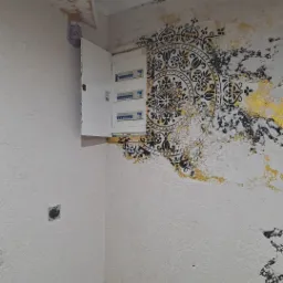 Ściana w rogu pokoju z dekoracyjnym malowaniem: biała struktura, czarny wzór mandali z elementami złota, otwarta skrzynka z bezpiecznikami.