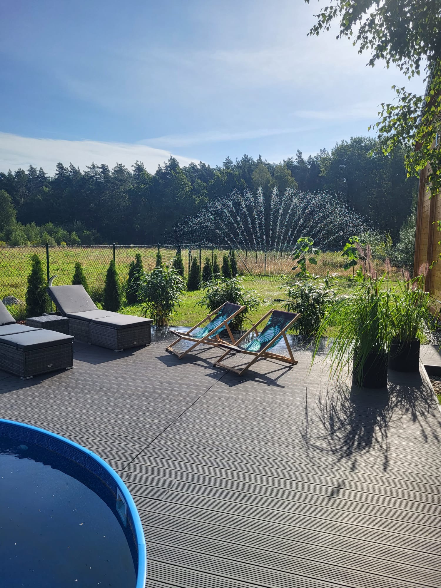 Nowoczesny taras z desek kompozytowych w odcieniach szarości, wyposażony w leżaki rattanowe, krzesła plażowe z motywem liści, rośliny ozdobne w donicach oraz basen stelażowy, zraszacz trawnika w tle.