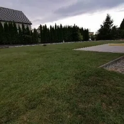 Rozległy trawnik przed domem z równo przyciętą trawą, graniczący z rzędem wysokich, gęstych tuj i utwardzoną powierzchnią z kostki brukowej.