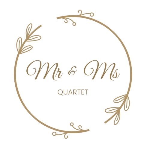 Eleganckie logo kwartetu muzycznego 'Mr & Ms' w okrągłej ramce z motywem roślinnym w odcieniach złota.